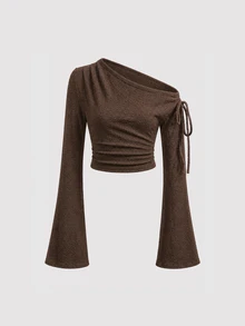 TRNVIE Women's 2 Pieces Set Asymmetrical Shoulder Top And Long Skirt, Knitted Faux Knitted Fabric - Brown - View 7