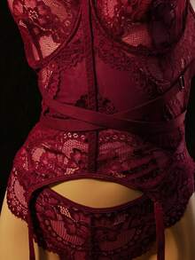 Spicy Aura 3pcs Lace Trim Sexy Lingerie Bra Set Halloween Night Party Wine Fall - Burgundy - View 6
