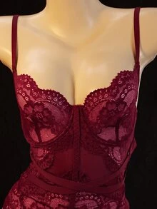 Spicy Aura 3pcs Lace Trim Sexy Lingerie Bra Set Halloween Night Party Wine Fall - Burgundy - View 4