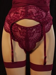 Spicy Aura 3pcs Lace Trim Sexy Lingerie Bra Set Halloween Night Party Wine Fall - Burgundy - View 5