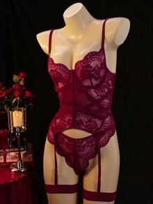 Spicy Aura 3pcs Lace Trim Sexy Lingerie Bra Set Halloween Night Party Wine Fall - Burgundy - View 3