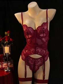 Spicy Aura 3pcs Lace Trim Sexy Lingerie Bra Set Halloween Night Party Wine Fall - Burgundy - View 1