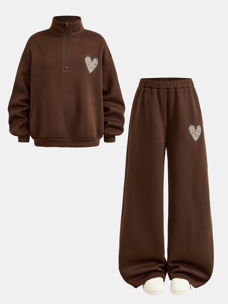 Setelan 2 Potong Sweatshirt dan Celana Panjang Setengah Resleting Warna Cokelat Tua untuk Anak Perempuan Remaja, Motif Hati Bercorak Leopard, Cocok untuk Pakaian Musim Gugur/Musim Dingin, Anak-Anak - Coklat - View 6