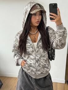 Coolane 女款秋冬街頭風休閒復古返校日常穿著外出圖案灰色迷彩寬鬆長袖連帽衛衣 - 灰色 - 查看 1