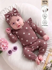 SHEIN 女嬰秋季針織數位印花棕色花卉連身褲，棉混紡面料，附配套髮帶，可愛浪漫風，親子穿搭 - 棕色 - 查看 3
