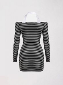 Sweetra Women's Casual Sexy Halter Neck Knit Striped Dress - Black - View 3