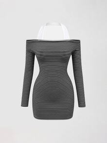 Sweetra Women's Casual Sexy Halter Neck Knit Striped Dress - Black - View 2