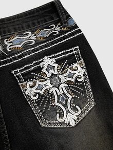 ROMWE Grunge Punk Spring Black Y2K Retro Xplosion Pocket Cross Wing Embroidery Slim Fit Flare Leg Low Waist Jeans For Women - Black - View 2