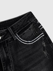 ROMWE Grunge Punk Spring Black Y2K Retro Xplosion Pocket Cross Wing Embroidery Slim Fit Flare Leg Low Waist Jeans For Women - Black - View 4
