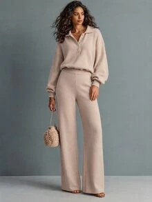 SHEIN New Fall Winter Women Two Pieces Set, Color Block Button Polo Collar Sweater & Straight Leg Pants, Loose Comfy Daily Khaki Casual Outfit - Khaki - View 4