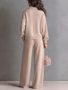SHEIN New Fall Winter Women Two Pieces Set, Color Block Button Polo Collar Sweater & Straight Leg Pants, Loose Comfy Daily Khaki Casual Outfit - Khaki - View 5