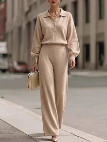 SHEIN New Fall Winter Women Two Pieces Set, Color Block Button Polo Collar Sweater & Straight Leg Pants, Loose Comfy Daily Khaki Casual Outfit - Khaki - View 2