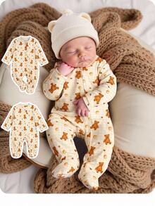 SHEIN Newborn Baby Girl Cute Casual Knitted Cartoon Pattern Long Sleeve Loungewear - Mustard Yellow - View 8