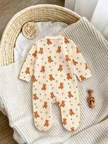 SHEIN Newborn Baby Girl Cute Casual Knitted Cartoon Pattern Long Sleeve Loungewear - Mustard Yellow - View 2