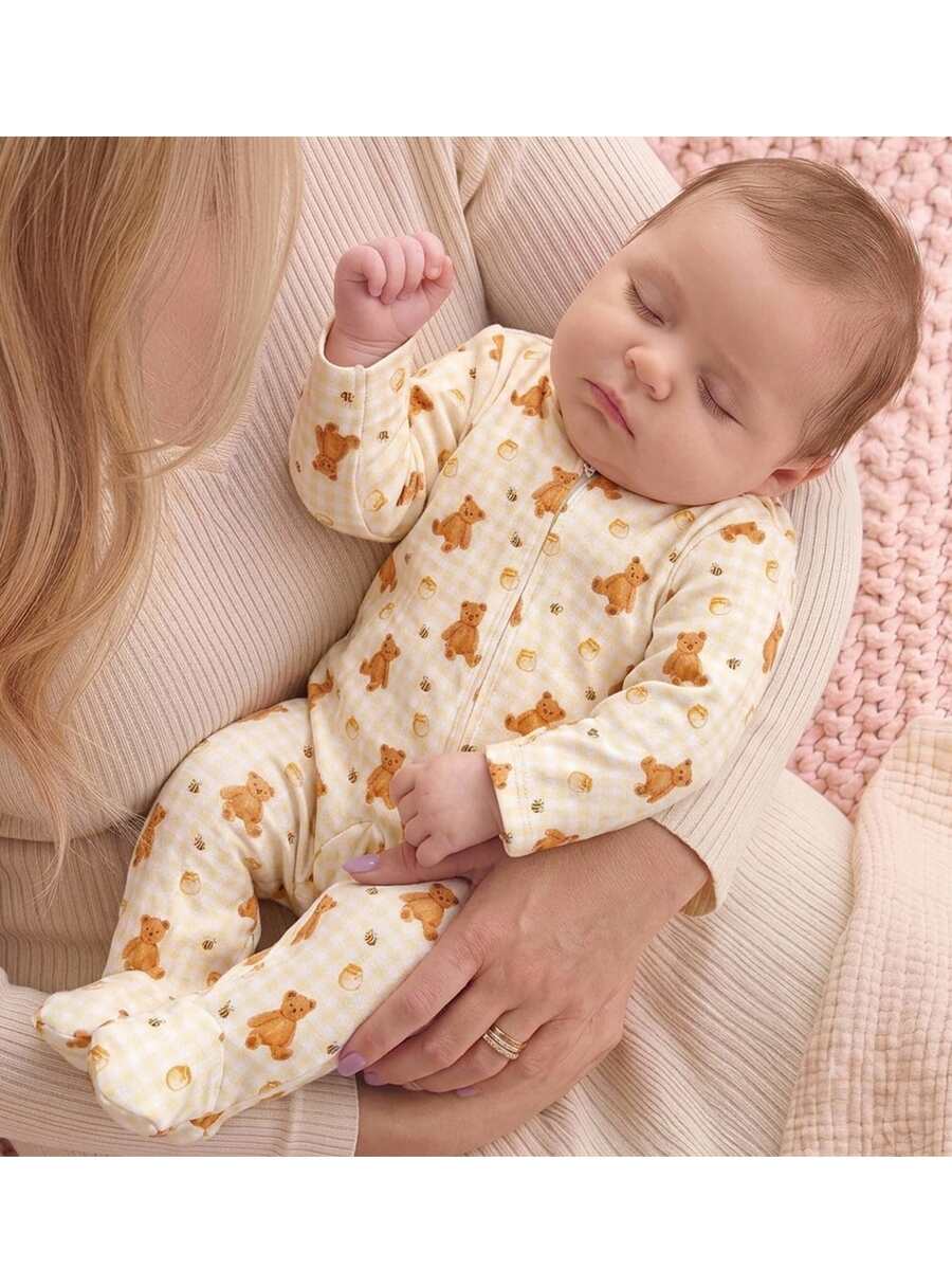 SHEIN Newborn Baby Girl Cute Casual Knitted Cartoon Pattern Long Sleeve Loungewear - Mustard Yellow - View 1