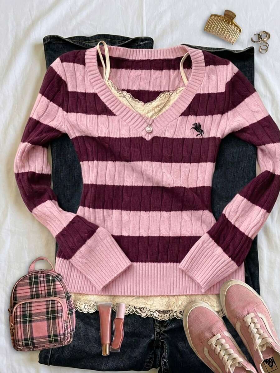 IslaSuriya Wine Red Vintage Sweet & Spicy Style V-Neck Slimming Knit Sweater Set For Daily Commute, Campus And Street Wear - Pink - View 1