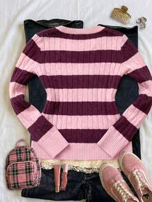 IslaSuriya Wine Red Vintage Sweet & Spicy Style V-Neck Slimming Knit Sweater Set For Daily Commute, Campus And Street Wear - Pink - View 2