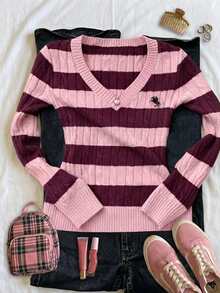 IslaSuriya Wine Red Vintage Sweet & Spicy Style V-Neck Slimming Knit Sweater Set For Daily Commute, Campus And Street Wear - Pink - View 3