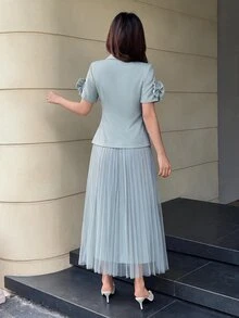Modelyn Women's Plain Single Button 3D Applique Short Sleeve Top And Pleated Skirt Suit Set Office Outfits For Women In Fall/Winter - Green - View 6