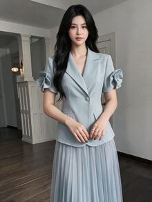 Modelyn Women's Plain Single Button 3D Applique Short Sleeve Top And Pleated Skirt Suit Set Office Outfits For Women In Fall/Winter - Green - View 11