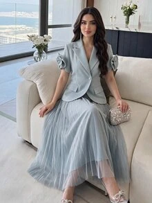 Modelyn Women's Plain Single Button 3D Applique Short Sleeve Top And Pleated Skirt Suit Set Office Outfits For Women In Fall/Winter - Green - View 2