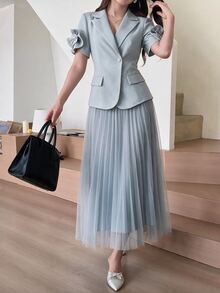 Modelyn Women's Plain Single Button 3D Applique Short Sleeve Top And Pleated Skirt Suit Set Office Outfits For Women In Fall/Winter - Green - View 4