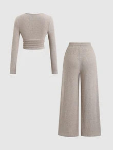 Sweetra Women Grey Fall Winter Casual Lounge 2-Piece Set,Plush Ribbed Fabric Open Front Ruched Design Adjustable WaistbTextured Outing Commuting Home Office - Apricot - View 2