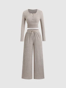 Sweetra Women Grey Fall Winter Casual Lounge 2-Piece Set,Plush Ribbed Fabric Open Front Ruched Design Adjustable WaistbTextured Outing Commuting Home Office - Apricot - View 5