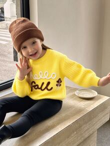 SHEIN 女童手工刺繡編織花朵可愛軟綿保暖休閒百搭毛衣，適合秋季日常穿著 - 黃色 - 查看 3