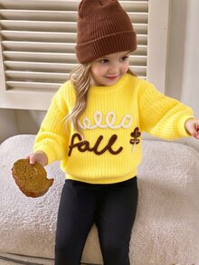 SHEIN 女童手工刺繡編織花朵可愛軟綿保暖休閒百搭毛衣，適合秋季日常穿著 - 黃色 - 查看 2