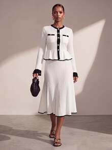 Zivah Elegant Black And White Autumn Tea Party 2 Pieces Set,Y2K Vintage Crew Neck Contrast Color Long Sleeve Ruffle Hem Metal Button Knit Top & Maxi Skirt - Black and White - View 1