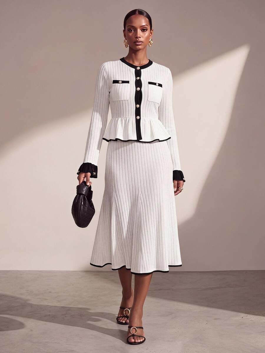 Zivah Elegant Black And White Autumn Tea Party 2 Pieces Set,Y2K Vintage Crew Neck Contrast Color Long Sleeve Ruffle Hem Metal Button Knit Top & Maxi Skirt - Black and White - View 1