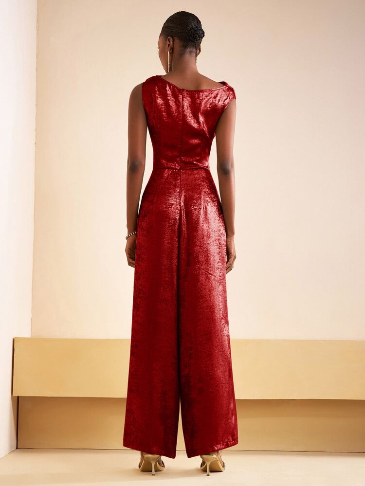 Zivah Dark Red Summer Elegant Party Jumpsuit,Shiny Textured Asymmetric Ruched Waist One Shoulder Banquet Wedding Guest Business Casual Boho Viral Streetwear - Red - View 2