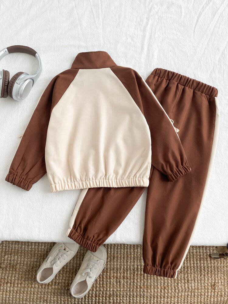 SHEIN Girls 2 Pieces Set, Cute Bow Long Sleeve Stand Collar Regular Fit Jacket + Long Pants, Suitable For Birthday Party, Autumn Casual Outfits Brown Orange - Brown - View 2