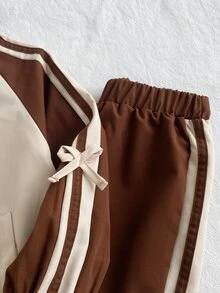SHEIN Girls 2 Pieces Set, Cute Bow Long Sleeve Stand Collar Regular Fit Jacket + Long Pants, Suitable For Birthday Party, Autumn Casual Outfits Brown Orange - Brown - View 6