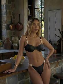 Swim Chiccia Minimalist Shiny Push-Up Adjustable Strap Lace-Up Back Top And Thong Bikini 2pcs Swimwear Set, Beach Resort For Summer Beach Vacation - Black - View 1