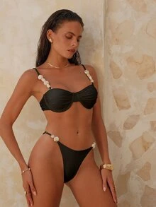 Swim Chiccia Minimalist Shiny Push-Up Adjustable Strap Lace-Up Back Top And Thong Bikini 2pcs Swimwear Set, Beach Resort For Summer Beach Vacation - Black - View 6
