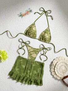 SHEIN Swim Conjunto de 3 Peças Feminino Verde Oliva Tropical com Renda e Babados, Saia Mini, Maiô Bikini Tanga com Copo Duplo Triangular, Verão, Casual, Praia, Férias, Férias, Férias - Verde - Visão 2