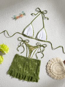 SHEIN Swim Conjunto de 3 Peças Feminino Verde Oliva Tropical com Renda e Babados, Saia Mini, Maiô Bikini Tanga com Copo Duplo Triangular, Verão, Casual, Praia, Férias, Férias, Férias - Verde - Visão 3
