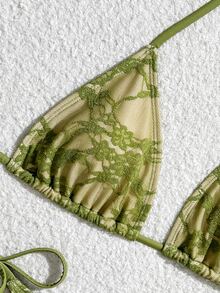 SHEIN Swim Conjunto de 3 Peças Feminino Verde Oliva Tropical com Renda e Babados, Saia Mini, Maiô Bikini Tanga com Copo Duplo Triangular, Verão, Casual, Praia, Férias, Férias, Férias - Verde - Visão 4