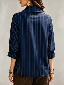 SHEIN 秋季新款高領條紋襯衫，七分袖女式襯衫，適合通勤、正式辦公穿著、春秋穿搭、度假休閒、戶外穿著 - 藍色 - 查看 2
