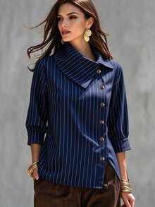 SHEIN 秋季新款高領條紋襯衫，七分袖女式襯衫，適合通勤、正式辦公穿著、春秋穿搭、度假休閒、戶外穿著 - 藍色 - 查看 1