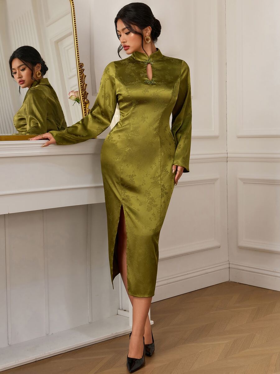 EastFlair Plus Size Elegant Elegant Frog Button Side Slit Dress Fall - Green - View 1