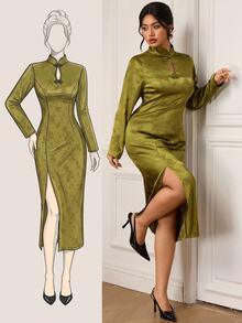 EastFlair Plus Size Elegant Elegant Frog Button Side Slit Dress Fall - Green - View 1