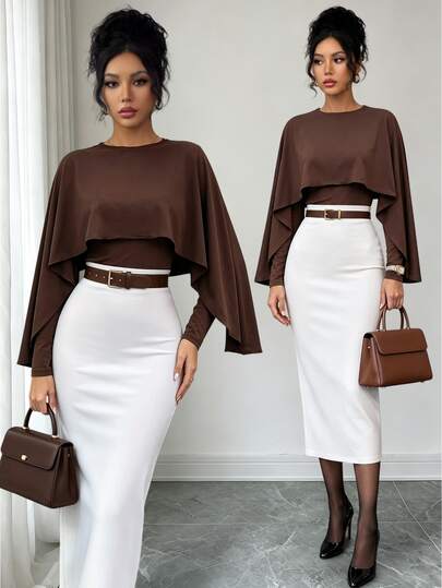 Elenzga Brown Shawl Top + White Pencil Skirt Set, Elegant For Autumn/Winter Holiday Office Wear