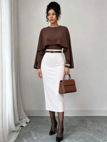 Elenzga Brown Shawl Top + White Pencil Skirt Set, Elegant For Autumn/Winter Holiday Office Wear - Multicolor - View 4