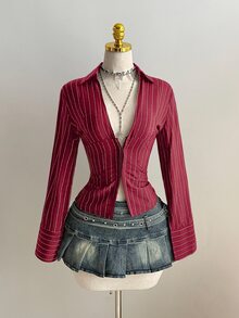 Elamini 黑色V领条纹修身长袖性感衬衫，适合通勤和日常穿着，冬季款 - 酒紅色 - 查看 6