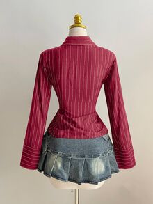 Elamini 黑色V领条纹修身长袖性感衬衫，适合通勤和日常穿着，冬季款 - 酒紅色 - 查看 2