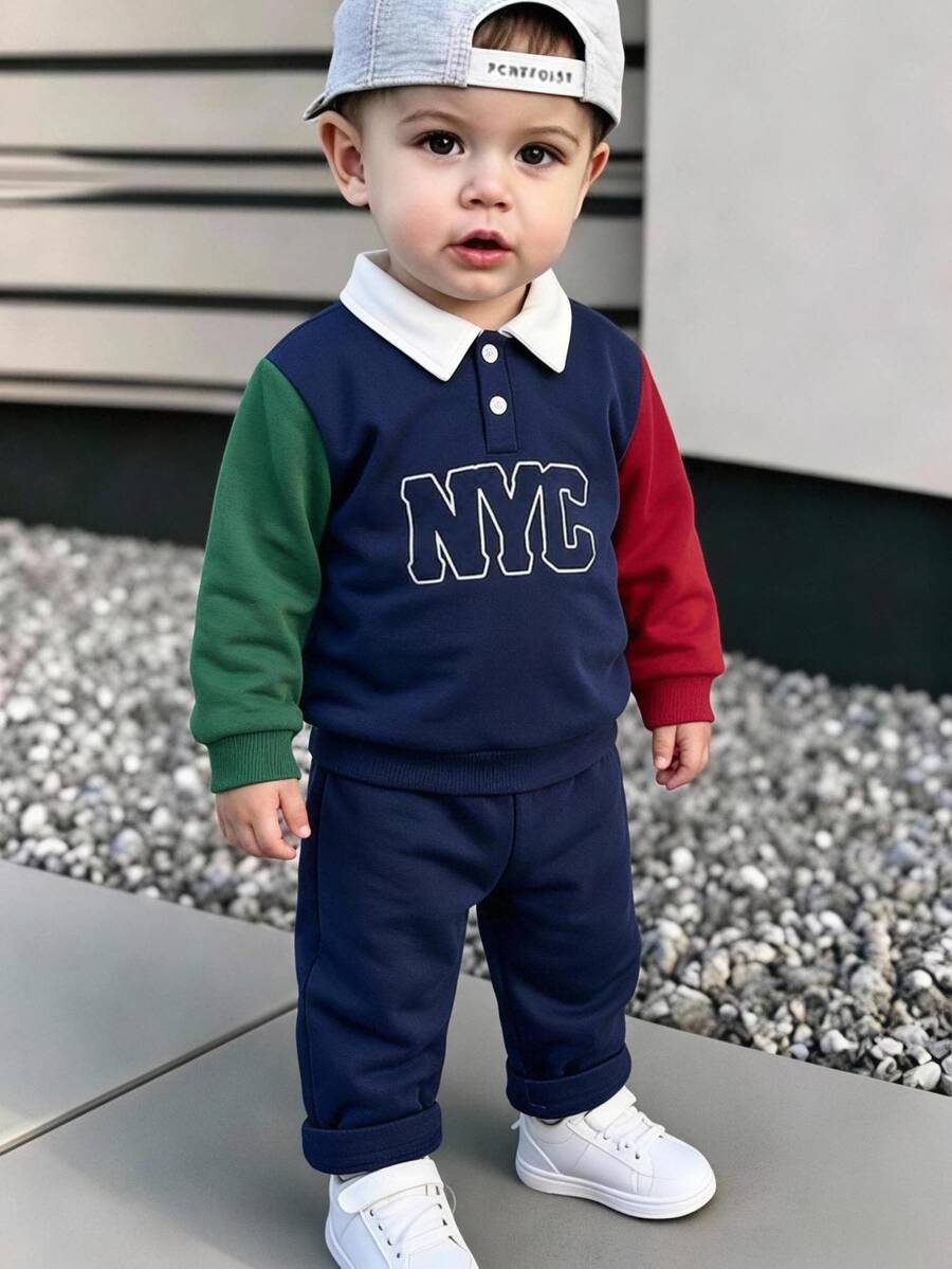 Cozy Pixies Baby Boy Letter Print Colorblock Polo Collar Sweatshirt And Pants Casual Set - Multicolor - View 1