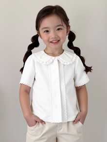Elladie kids Young Girls Casual Fairy Cowgirl Simple White Lace Trim Short Sleeve Shirt, Versatile Fashion Spring/Summer New Arrival, School Style Flower Girl Beach - White - View 2